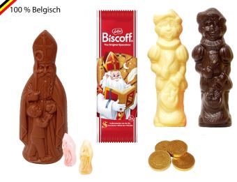 Driekleurig Sinterklaaspakket met Callebaut chocoladefiguren, Lotus Biscoff, euromunten en Guymauve in kraft/mica verpakking.