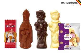 Sinterklaaspakket met melk, puur en witte chocoladefiguren, speculoos en Ice Gems in kraft zakje