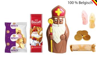 Groot luxe Sinterklaaspakket met Callebaut melkchocolade Sint, Lotus speculoos, Biscy Ice Gems, marsepein, Guymauve en gouden