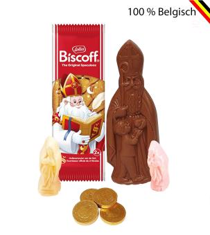 Sinterklaaspakket met chocolade Sint, Lotus speculoos, munten en guimauve in kraft zakje met logo