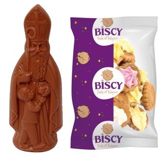 Sinterklaaspakket met melk, puur en witte chocoladefiguren, speculoos en Ice Gems in kraft zakje