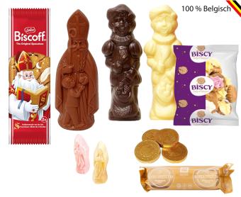 Reusachtig Sinterklaaspakket met chocoladefiguren, speculoos, marsepein, guimauve en koekjes in kraft zakje met logo