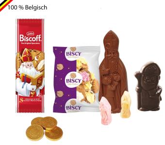 Sinterklaaspakket met Belgische chocolade, guimauve, koekjes en gouden munten – met personalisatie