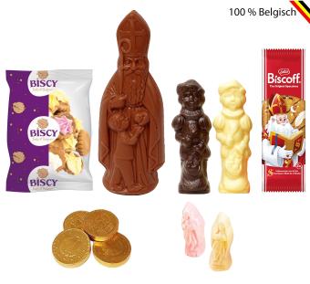 Reuze Sinterklaaspakket 2025 met chocolade Sint, Pieten, Biscoff, munten, guymauve en Biscy koekjes.