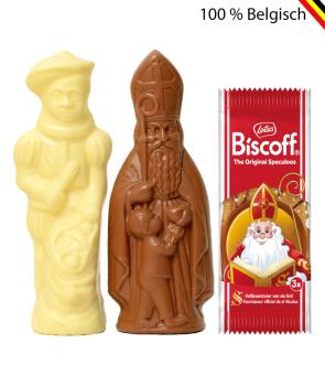 Sinterklaaspakket met melkchocolade Sint, witte Piet en Lotus speculoosjes in kraft verpakking met logo
