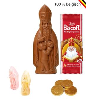 Sinterklaaspakket met chocolade Sint, Lotus speculoos, munten en guimauve in kraft zakje met logo