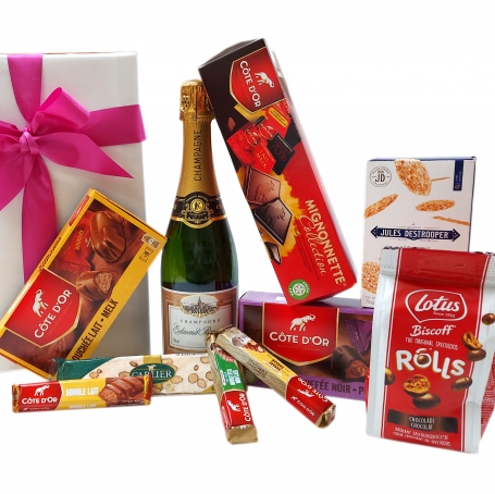 Belgian gift package with Belgian chocolate and champagne