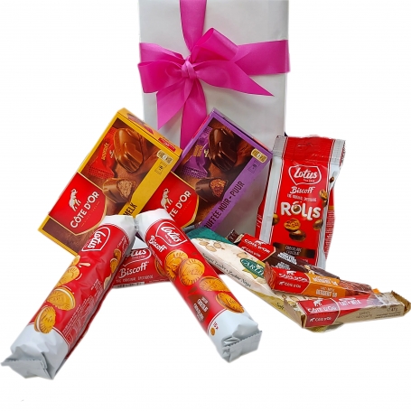 Paquet cadeau belge avec biscuits, nougat et chocolat