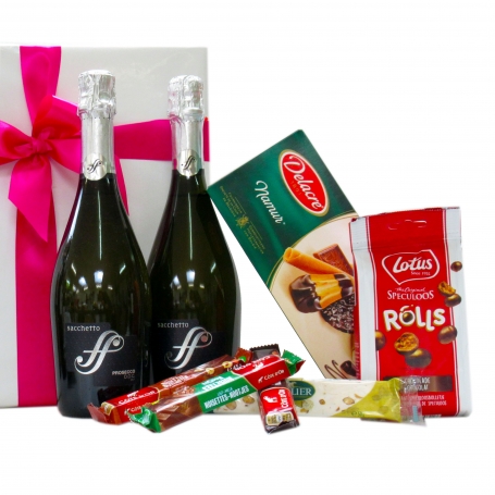 Geschenk met twee flessen Prosecco en Belgische koekjes
