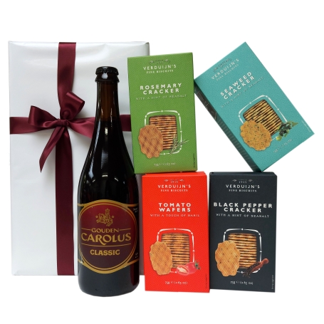 Belgian luxury beer with savory snacks as an aperitif