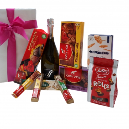 Paquet cadeau belge avec du chocolat belge et des bulles italiennes