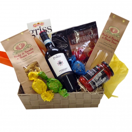 Italiaanse geschenkmand met rode Italiaanse wijn en pasta leveren