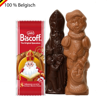 Sinterklaaspakket met Callebaut pure Sint, melkchocolade Piet en Lotus Biscoff koekjes in kraft verpakking met logo