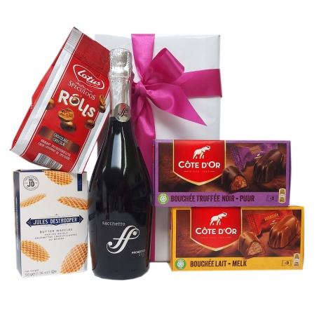Belgische chocolade en Prosecco in een Belgische geschenk