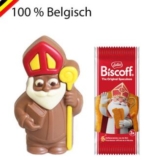 Gedecoreerde Callebaut melkchocolade Sinterklaas 10,5 cm met pakje Lotus Biscoff speculoos in kraft verpakking