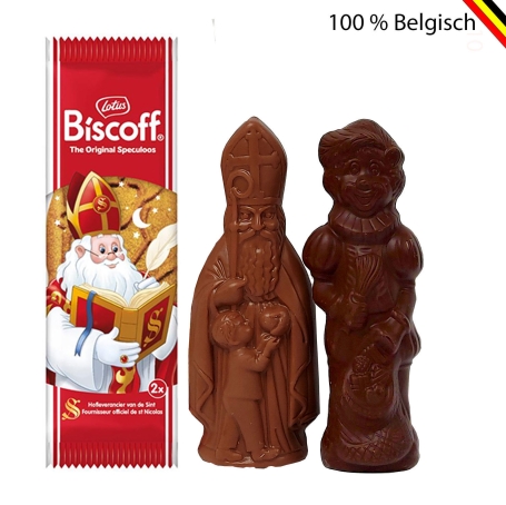 Sinterklaaspakket met melkchocolade Sint, pure Piet en Lotus Biscoff koekjes in kraft zakje met logo