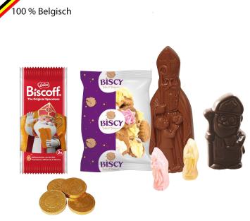 Sinterklaaspakket met Belgische chocolade, guimauve, koekjes en gouden munten – met personalisatie