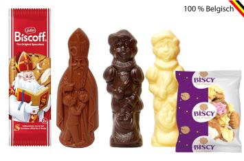 Sinterklaaspakket met melk, puur en witte chocoladefiguren, speculoos en Ice Gems in kraft zakje