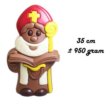 Grand Saint-Nicolas décoré en chocolat au lait Callebaut 35 cm – emballage de luxe avec ruban en satin