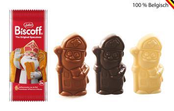 Driekleurig Sinterklaaspakket met melk, pure en witte Callebaut Sintfiguren en Lotus Biscoff koekjes in kraft verpakking