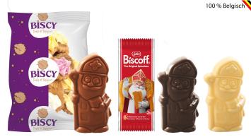 Driekleurig Sinterklaaspakket met melk, pure en witte Callebaut Sintfiguren en Lotus Biscoff koekjes in kraft verpakking