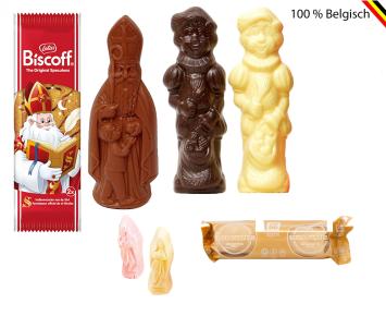 Sinterklaaspakket met melk, puur en witte chocoladefiguren, speculoos en Ice Gems in kraft zakje