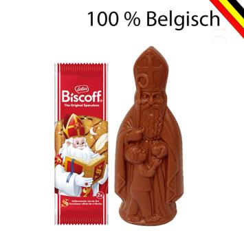 Sinterklaaspakket met 15 cm chocoladefiguur en twee speculooskoekjes in kraft zakje met logo