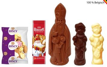 Trio chocolade Sinterklaaspakket 2025 met Callebaut chocolade Sint en Pieten, Lotus Biscoff en Biscy Ice Gems in kraft of mic