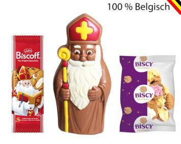 Luxe Sinterklaaspakket met Callebaut melkchocolade Sint, Lotus speculoos en Biscy Ice Gems in kraft verpakking