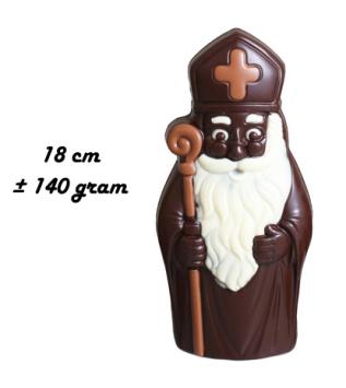 Saint Nicolas en chocolat noir Callebaut 18 cm avec lunettes et crosse, finition de luxe, emballé en kraft