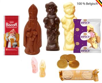 Reusachtig Sinterklaaspakket met chocoladefiguren, speculoos, marsepein, guimauve en koekjes in kraft zakje met logo