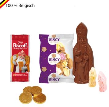 Sinterklaaspakket met Belgische chocolade, guimauve, koekjes en gouden munten – met personalisatie