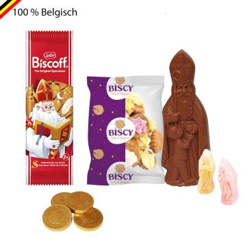 Sinterklaaspakket met Belgische chocolade, guimauve, koekjes en gouden munten – met personalisatie