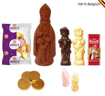 Reuze Sinterklaaspakket 2025 met chocolade Sint, Pieten, Biscoff, munten, guymauve en Biscy koekjes.