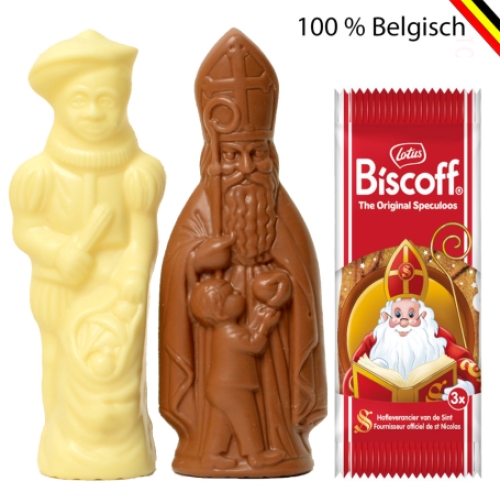 Sinterklaaspakket met melkchocolade Sint, witte Piet en Lotus speculoosjes in kraft verpakking met logo