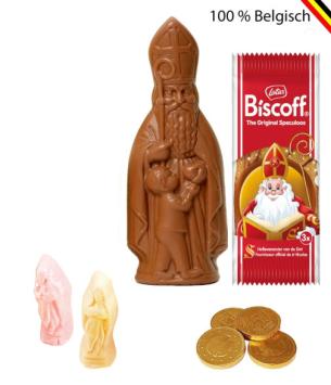 Sinterklaaspakket met chocolade Sint, Lotus speculoos, munten en guimauve in kraft zakje met logo