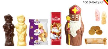 Groot luxe Sinterklaaspakket met Callebaut melkchocolade Sint, Lotus speculoos, Biscy Ice Gems, marsepein, Guymauve en gouden